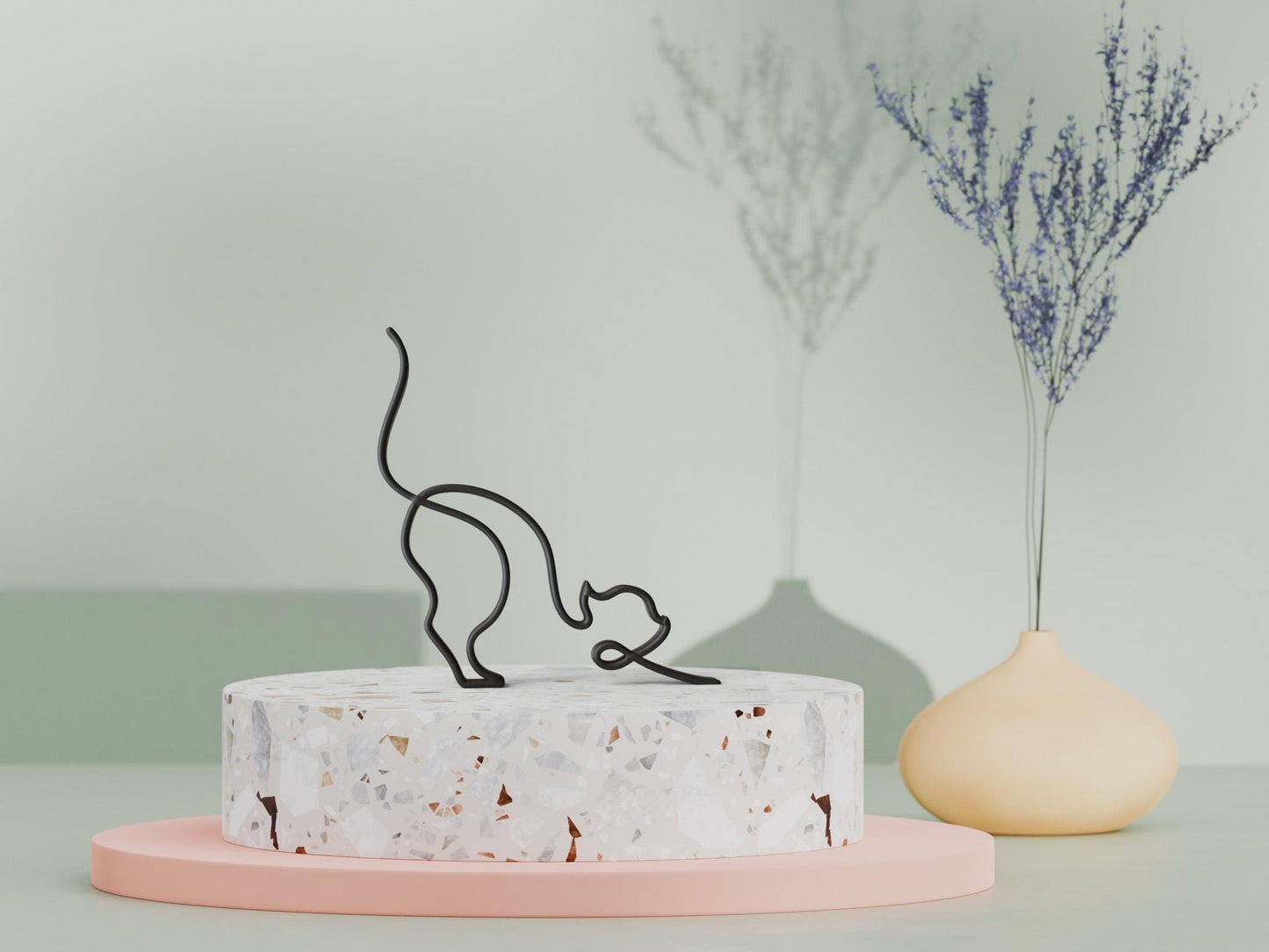 chat qui s'étire Dessin au Trait - Sculpture Imprimée 3D, Cadeau Unique pour Amoureux des chats