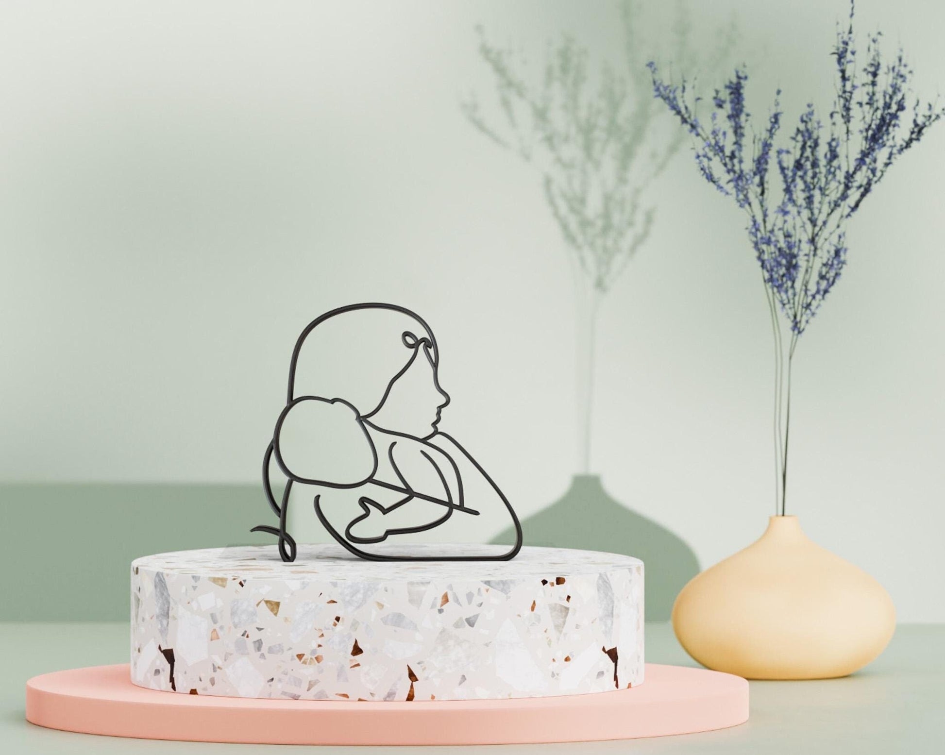 Maman et bébé Dessin au Trait - Sculpture Imprimée 3D, Cadeau Unique pour naissance