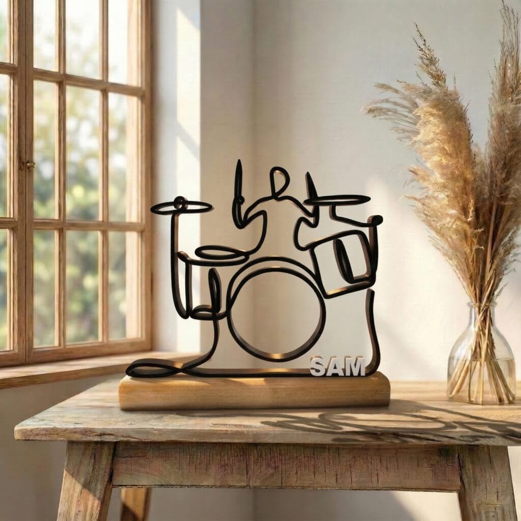 Batteur - Sculpture en Dessin au Trait Personnalisé, Cadeau Unique pour batteur, Décoration Minimaliste pour Amateur de Batterie