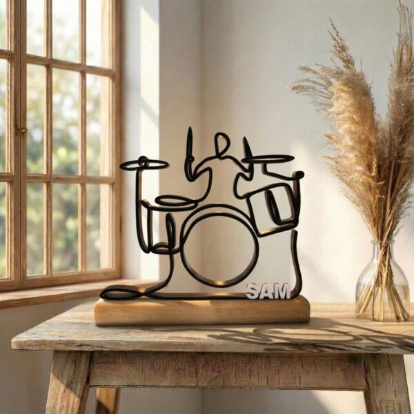 Batteur - Sculpture en Dessin au Trait Personnalisé, Cadeau Unique pour batteur, Décoration Minimaliste pour Amateur de Batterie