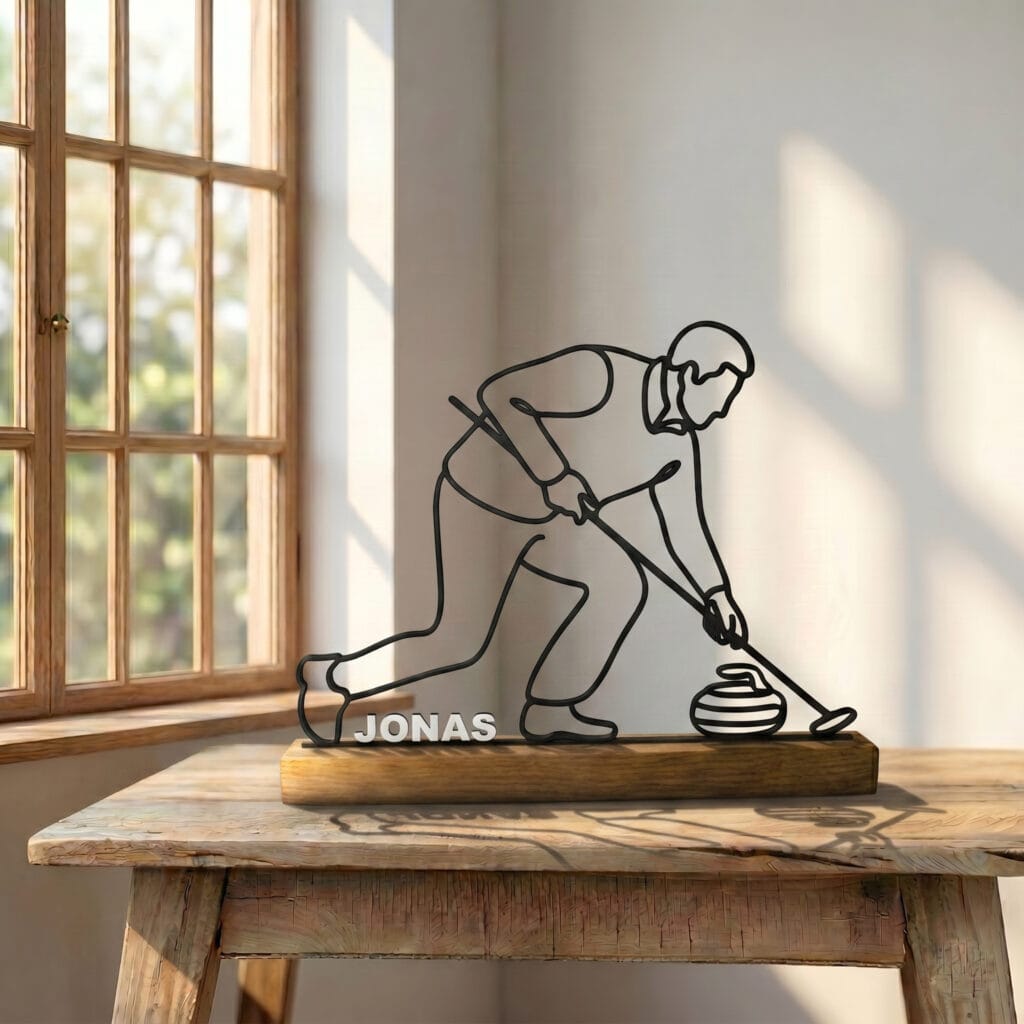 Sculpture Joueur de Curling Line Art | Décoration Minimaliste Sport d'Hiver | Cadeau Fan de Curling | Silhouette Trait Continu | Art Glace