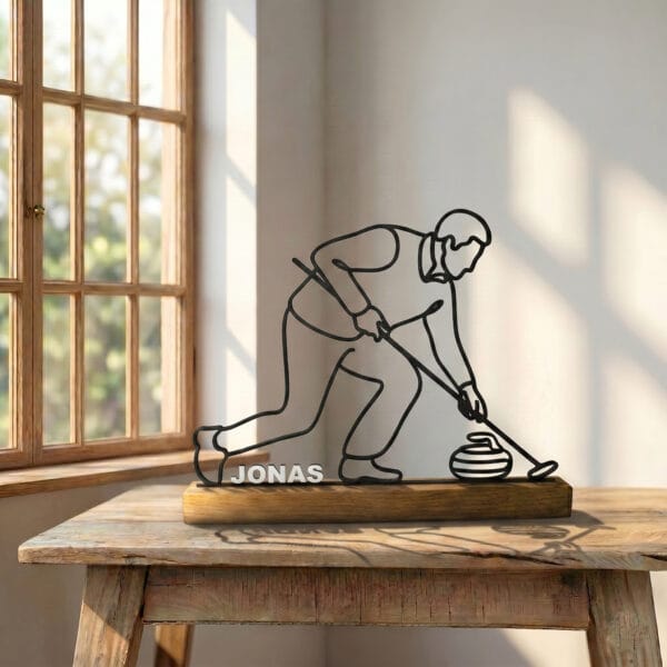 Sculpture Joueur de Curling Line Art | Décoration Minimaliste Sport d'Hiver | Cadeau Fan de Curling | Silhouette Trait Continu | Art Glace