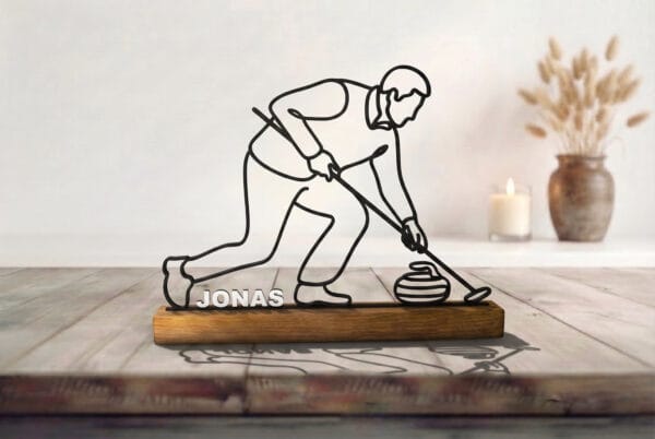 Sculpture Joueur de Curling Line Art | Décoration Minimaliste Sport d'Hiver | Cadeau Fan de Curling | Silhouette Trait Continu | Art Glace
