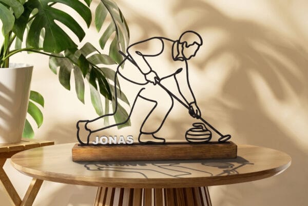 Sculpture Joueur de Curling Line Art | Décoration Minimaliste Sport d'Hiver | Cadeau Fan de Curling | Silhouette Trait Continu | Art Glace