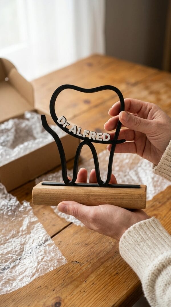 Cadeau pour dentiste : sculpture de dentiste imprimée en 3D, fixée sur un socle en bois Cadeau pour dentiste : sculpture de dentiste imprimée en 3D, fixée sur un socle en bois